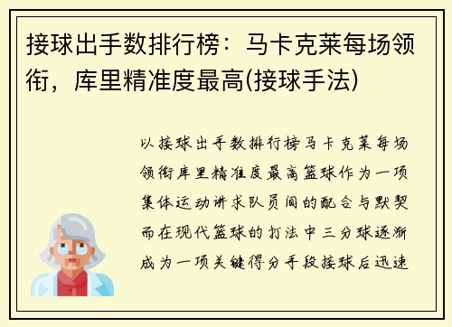 接球出手数排行榜：马卡克莱每场领衔，库里精准度最高(接球手法)
