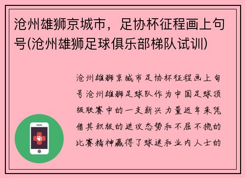 沧州雄狮京城市，足协杯征程画上句号(沧州雄狮足球俱乐部梯队试训)