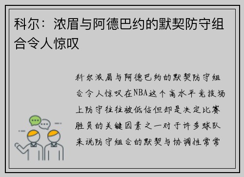 科尔：浓眉与阿德巴约的默契防守组合令人惊叹