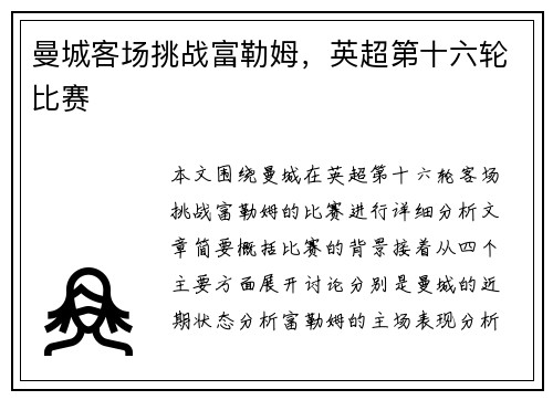 曼城客场挑战富勒姆，英超第十六轮比赛